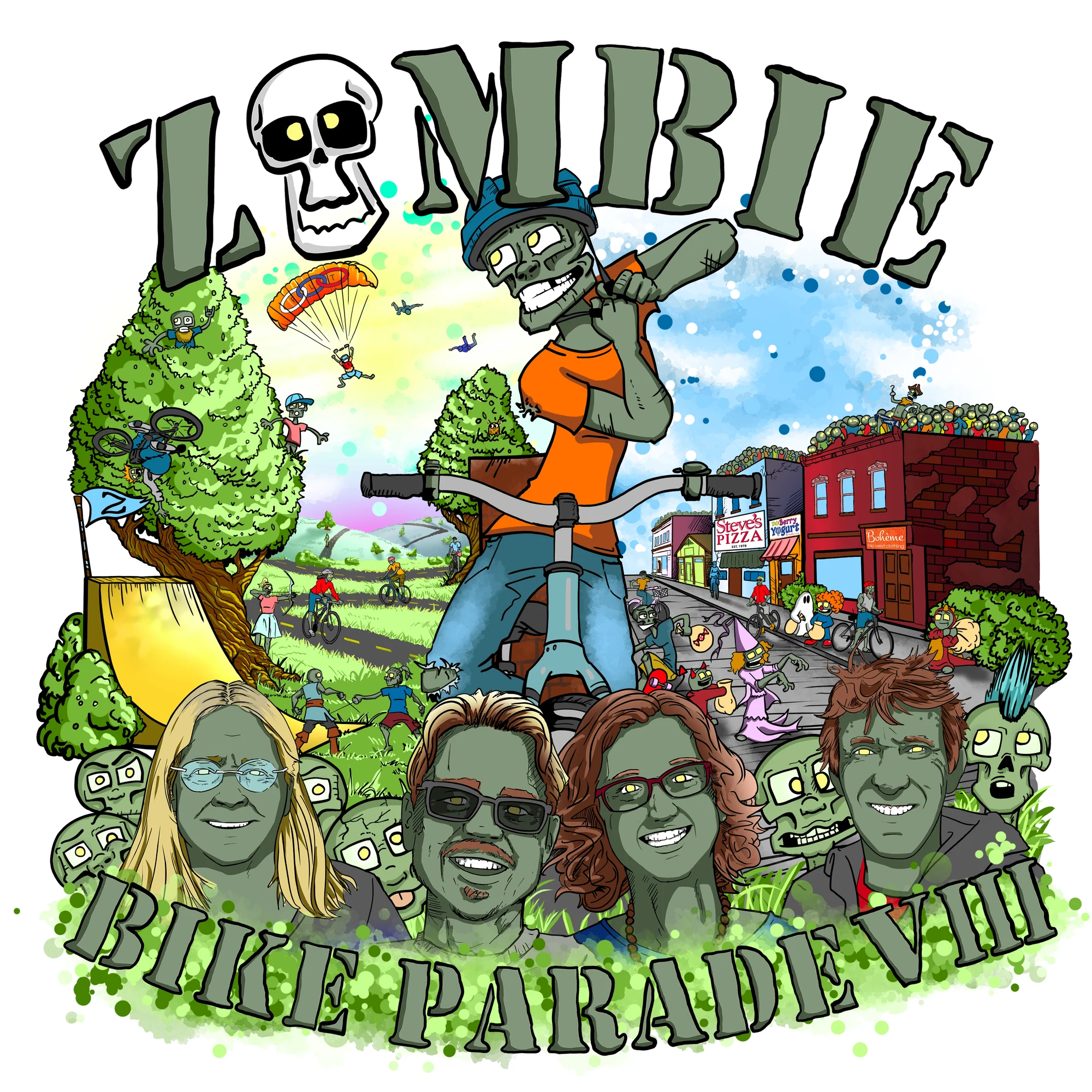 The 2026 Zombie Bike Parade Festival poster: a zombie in a bike helmet rides through Davis under hand-drawn ZOMBIE BIKE PARADE VIII lettering with a skull.